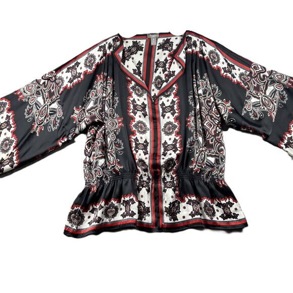 Chico's Travelers Women Boho Blouse Top Bell Sleeve Black Red Size 3 XL I162 - Picture 1 of 8